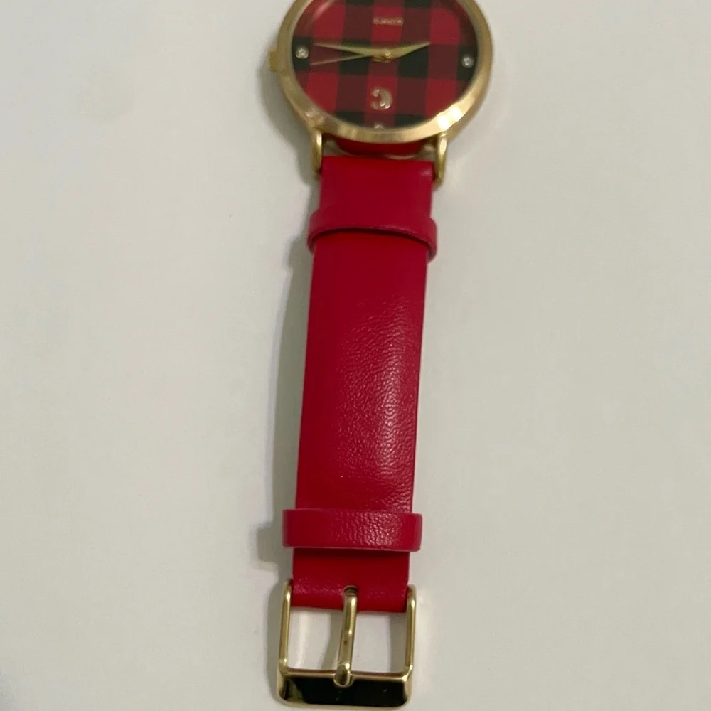 Charming Charlie Red Strap Plaid Round Face Watch Analog Holiday Christmas